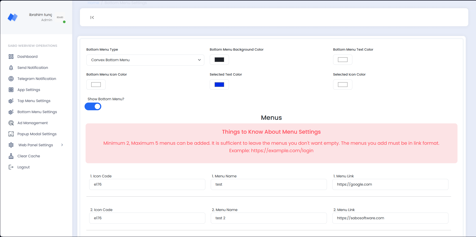 Bottom Menu Settings