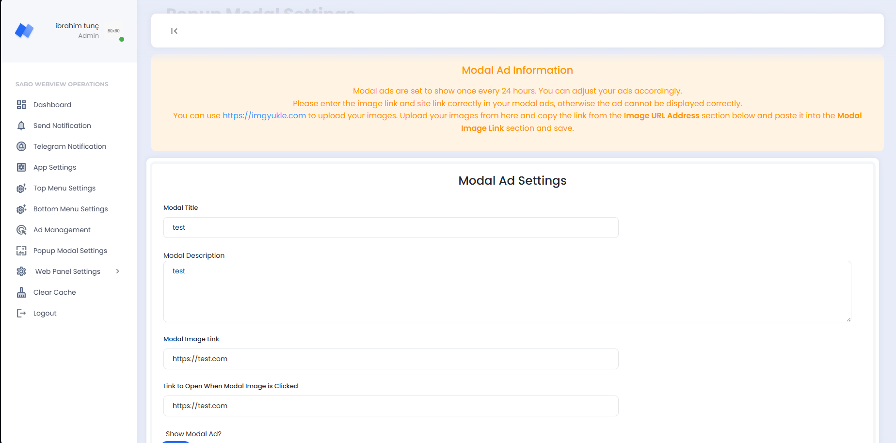 Popup Modal Ad Settings